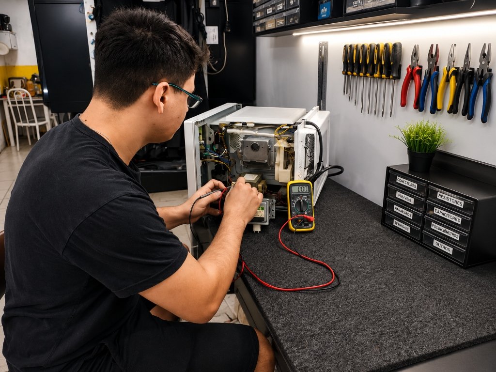Manutenção e testes de alta tensão em micro-ondas na Arnoltec