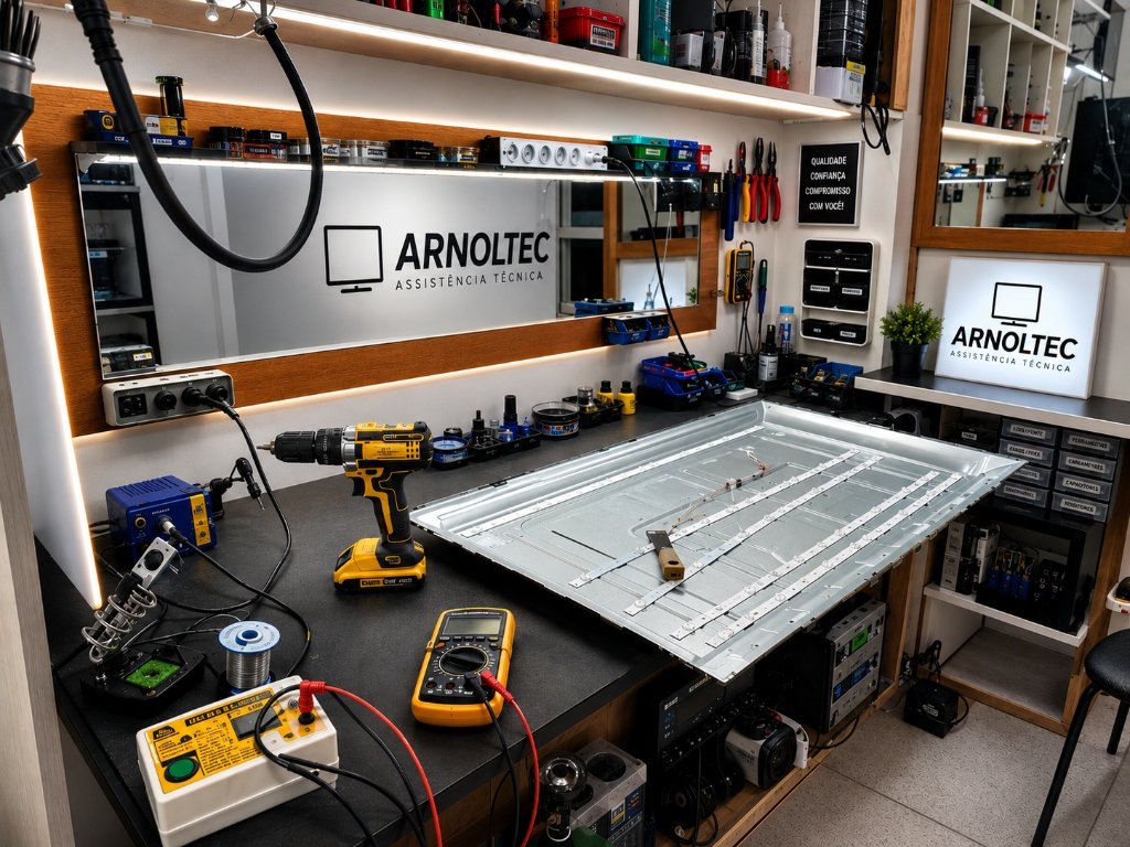 Conserto de Smart TV na bancada eletrônica profissional da Arnoltec