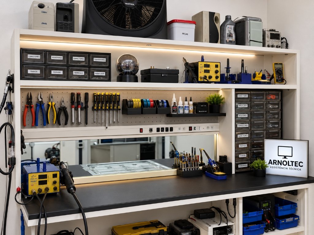 Técnico realizando testes de medição nos barramentos de LED da TV na Arnoltec